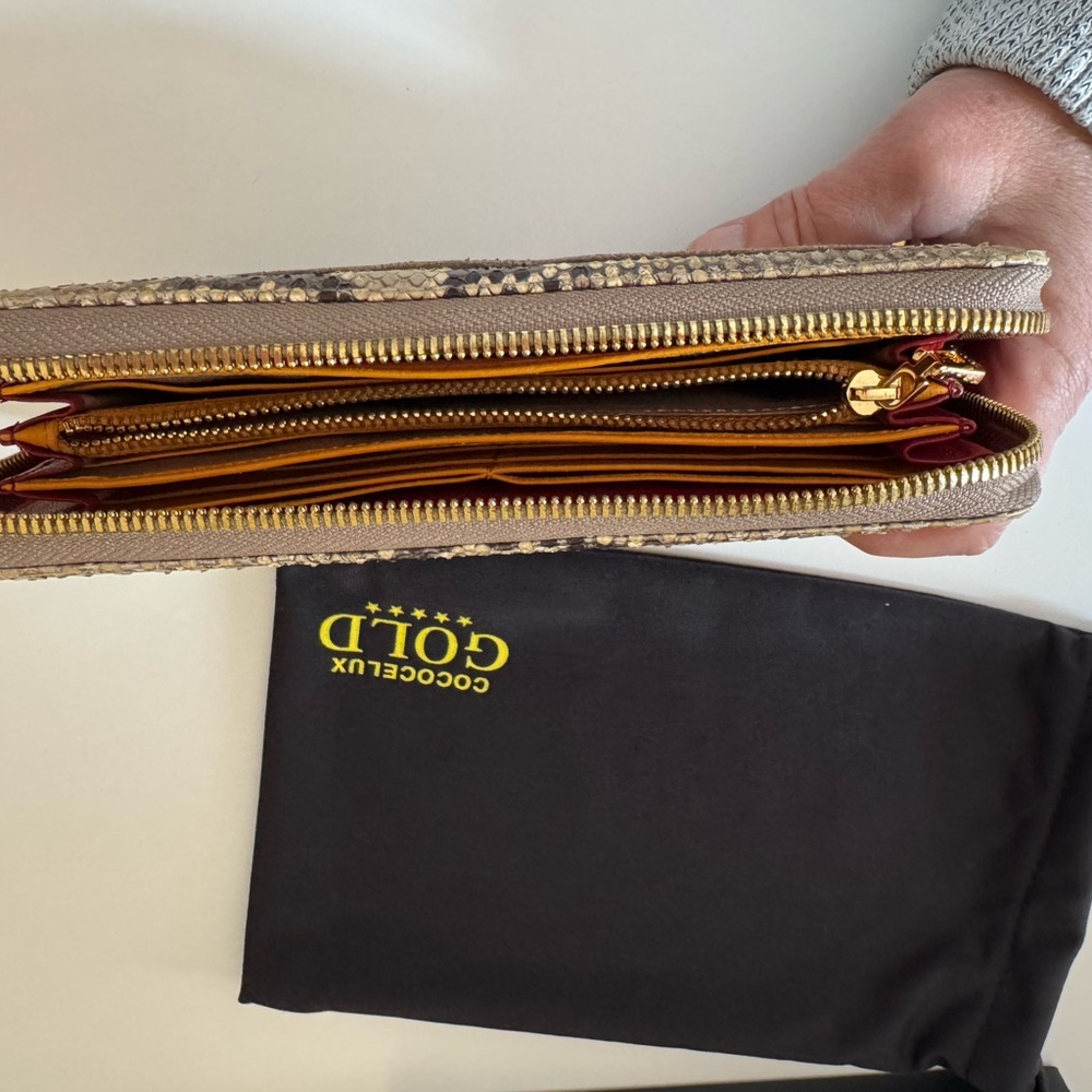 Cococelux Gold Women's Lamb Leather Taupe/Blush and Python Long Wallet - Picture 8 of 13